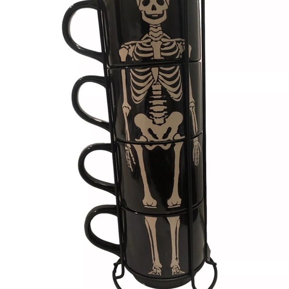 Set Of 4 Black & White Skeleton Stacking Stackable Mugs w Wire Rack Goth Tower - Picture 9 of 11